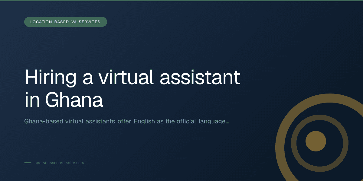 Branded illustrated title card for “Hiring a virtual assistant in Ghana” in the Location-Based VA Services category, composited over an operations workspace graphic.