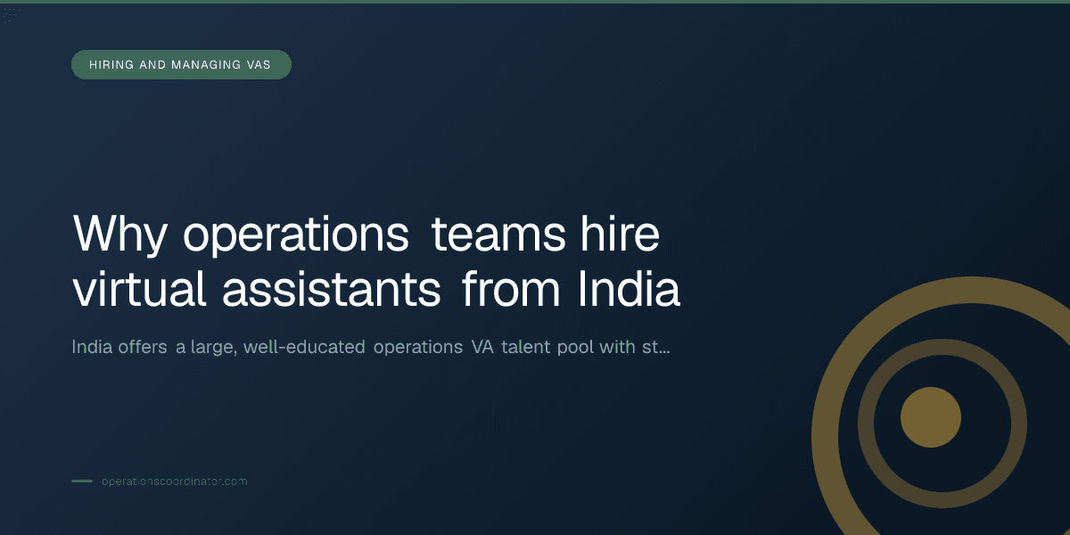Branded illustrated title card for “Why operations teams hire virtual assistants from India” in the Hiring and Managing VAs category, composited over an operations workspace graphic.