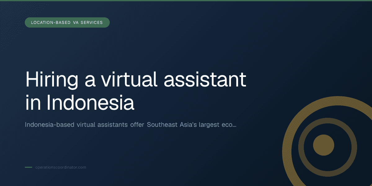 Branded illustrated title card for “Hiring a virtual assistant in Indonesia” in the Location-Based VA Services category, composited over an operations workspace graphic.