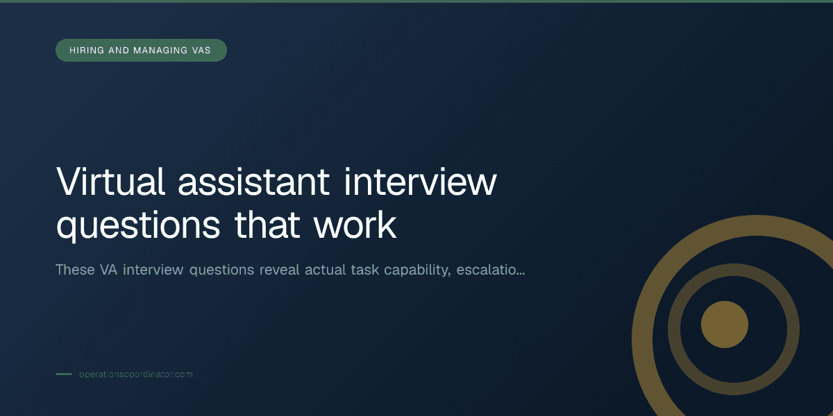 Branded illustrated title card for “Virtual assistant interview questions that work” in the Hiring and Managing VAs category, composited over an operations workspace graphic.