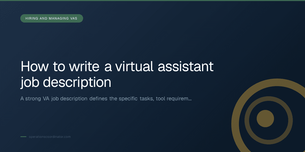 Branded illustrated title card for “How to write a virtual assistant job description” in the Hiring and Managing VAs category, composited over an operations workspace graphic.