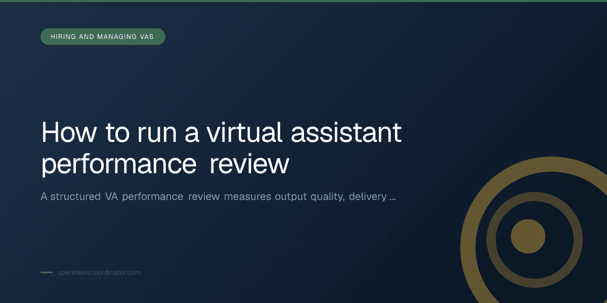 Branded illustrated title card for “How to run a virtual assistant performance review” in the Hiring and Managing VAs category, composited over an operations workspace graphic.