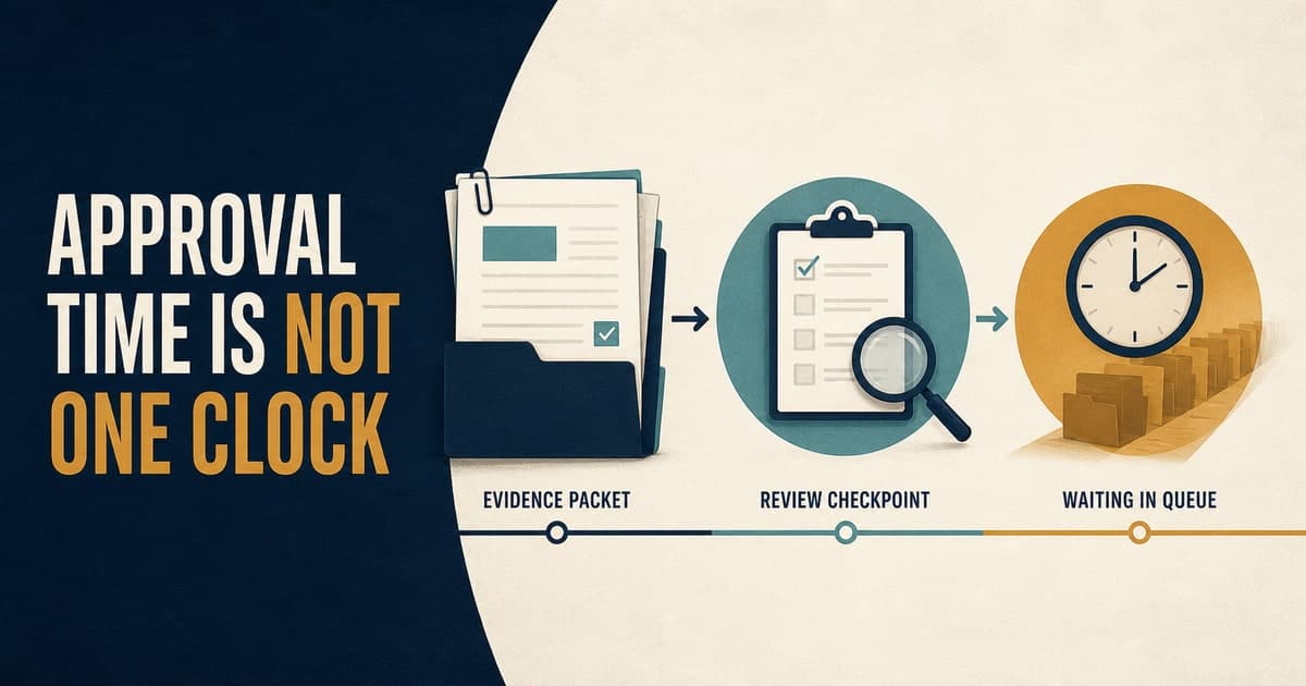 Separating approval work from approval waiting time Branded illustrated title card for Separating approval work from approval waiting time in the Research category, showing an evidence packet, review checkpoint, and waiting queue.