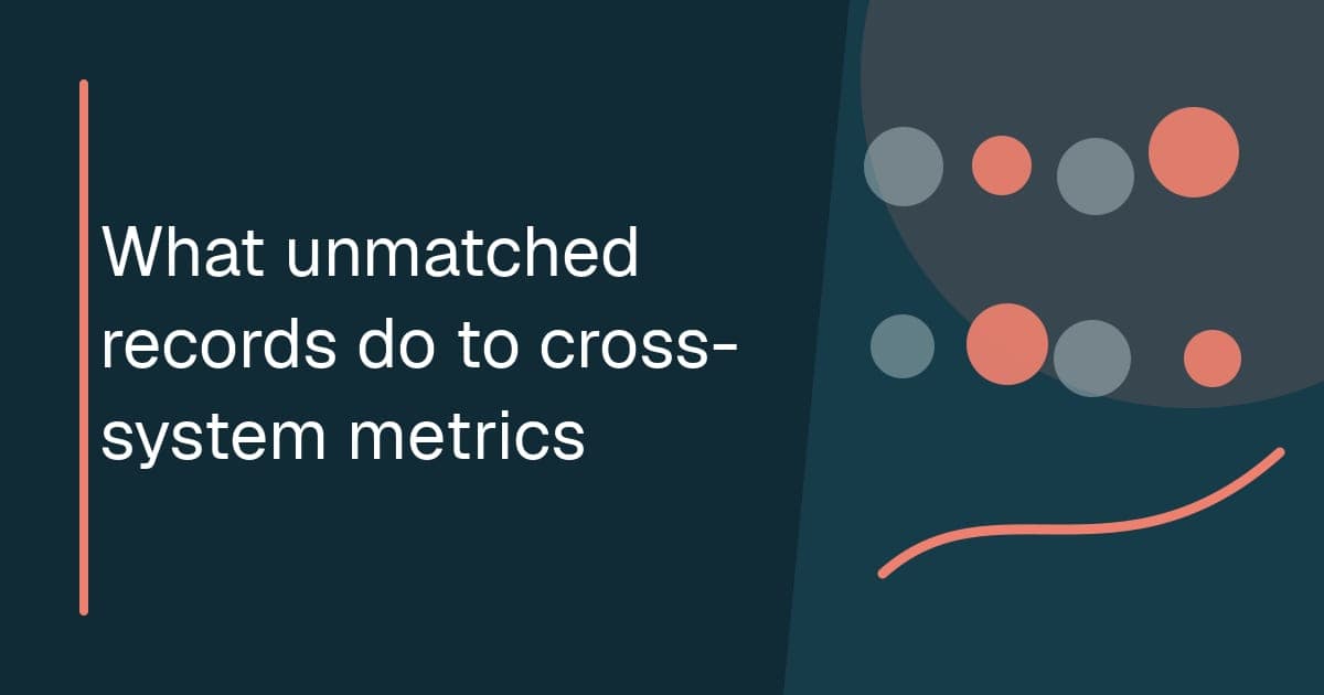 What unmatched records do to cross-system metrics Branded illustrated title card for “What unmatched records do to cross-system metrics” in the Research category, showing two operational record sets connected through an audited matching bridge.