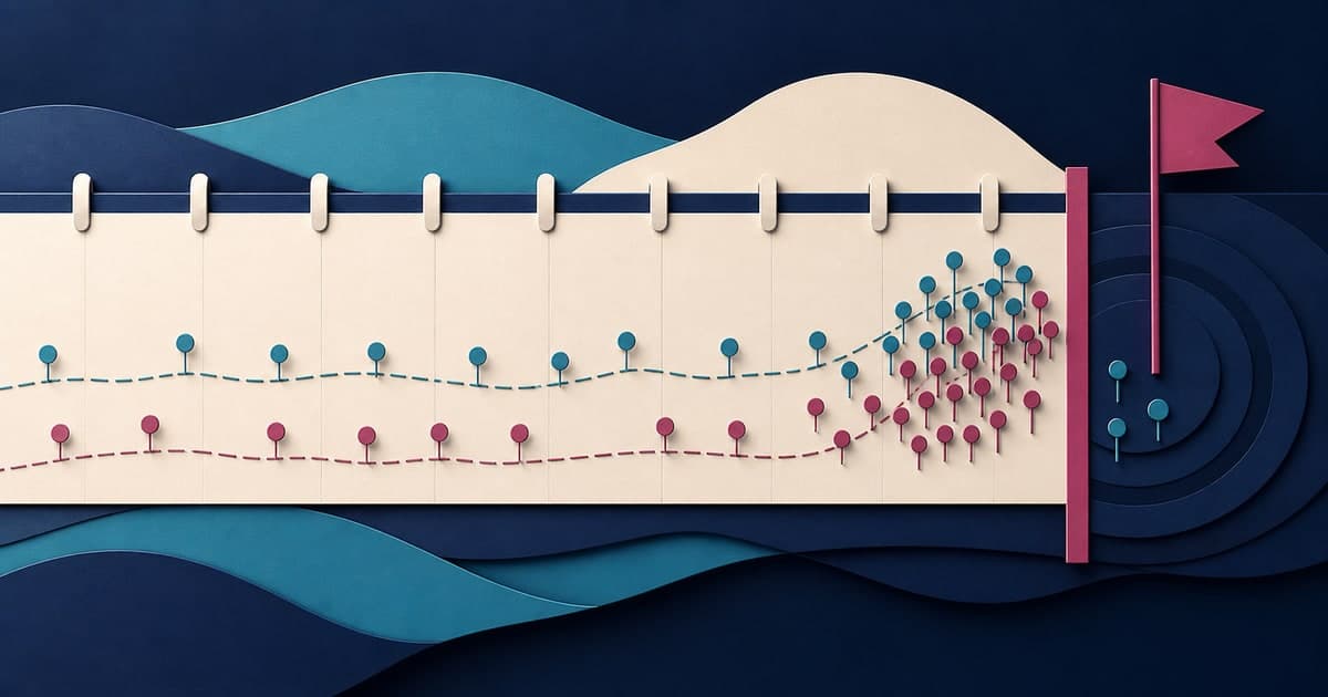 What deadline bunching reveals about completion patterns Branded illustrated title card for What deadline bunching reveals about completion patterns, showing completion marks clustering near a deadline.