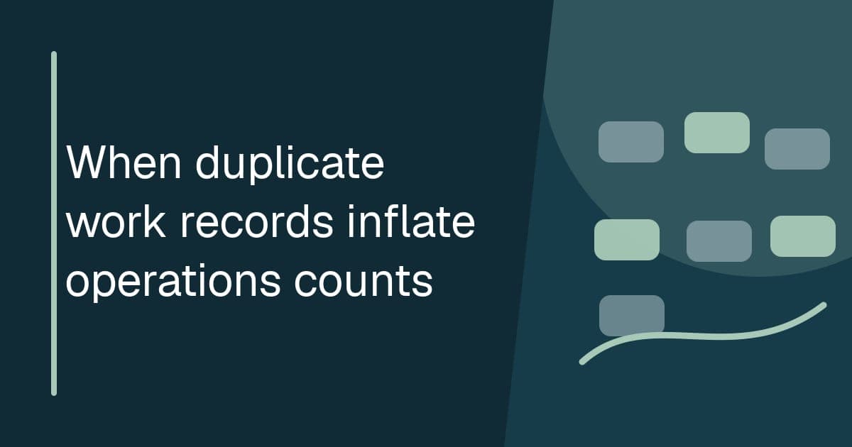 When duplicate work records inflate operations counts Branded illustrated title card for When duplicate work records inflate operations counts, showing linked records resolving to one work unit.