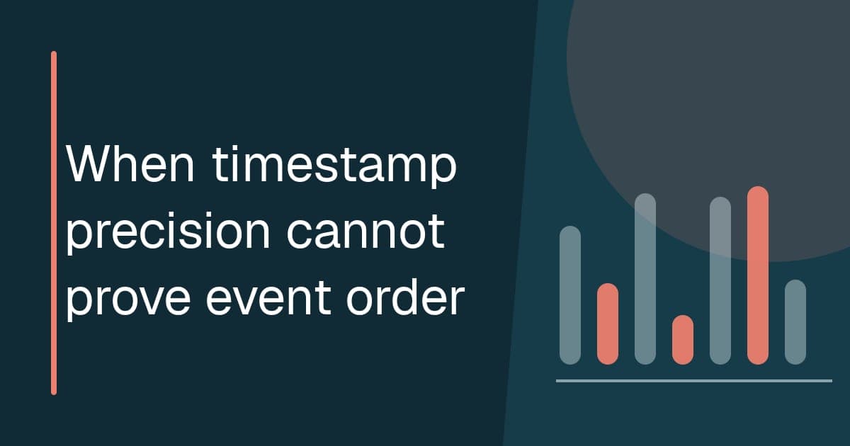 When timestamp precision cannot prove event order Illustrated research title card showing workflow events grouped into timestamp tie blocks across two clocks