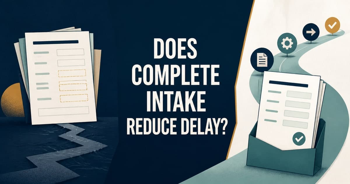 Does intake completeness predict downstream delay? Branded illustrated title card for Does intake completeness predict downstream delay? in the Research category, contrasting incomplete and accepted intake records.