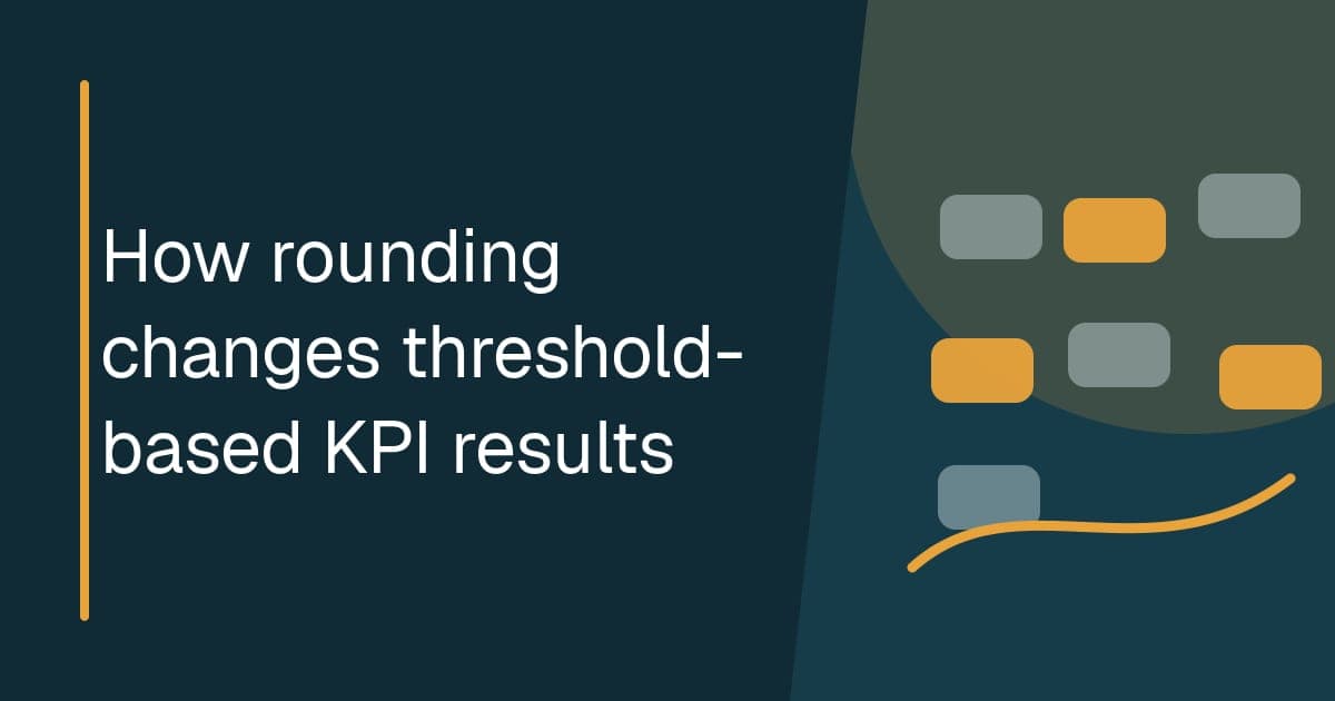 How rounding changes threshold-based KPI results Branded illustrated title card for How rounding changes threshold-based KPI results, showing raw values on both sides of a KPI boundary.