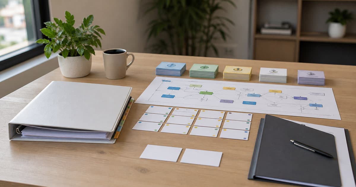 Virtual assistant for client implementation handoffs Branded illustrated title card for Virtual assistant for client implementation handoffs, using a photorealistic editorial operations still life
