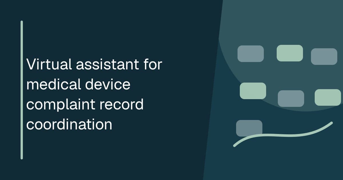 Virtual assistant for medical device complaint record coordination Branded illustrated title card for Virtual assistant for medical device complaint record coordination in the Quality operations category