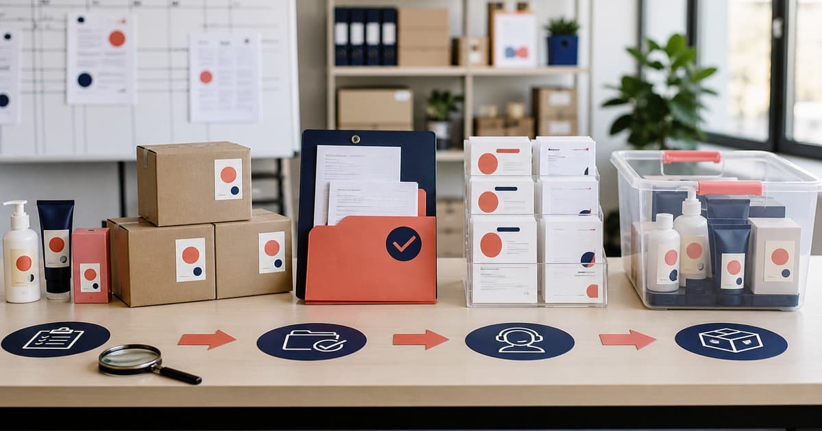Virtual assistant for product recall coordination Branded illustrated title card for Virtual assistant for product recall coordination, using a photorealistic editorial operations still life