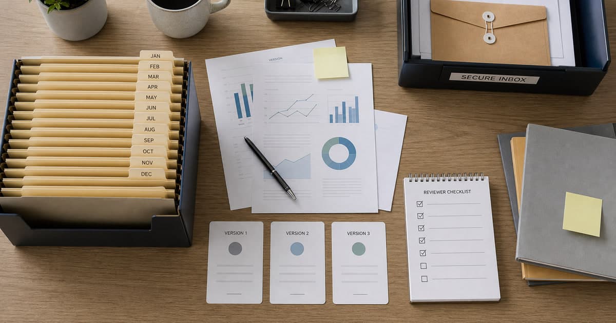 Virtual assistant for recurring report collection Branded illustrated title card for Virtual assistant for recurring report collection, using a photorealistic editorial operations still life