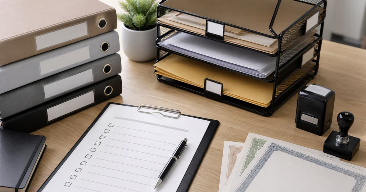 Virtual assistant for work order intake Branded illustrated title card for Virtual assistant for work order intake, using a photorealistic editorial operations still life