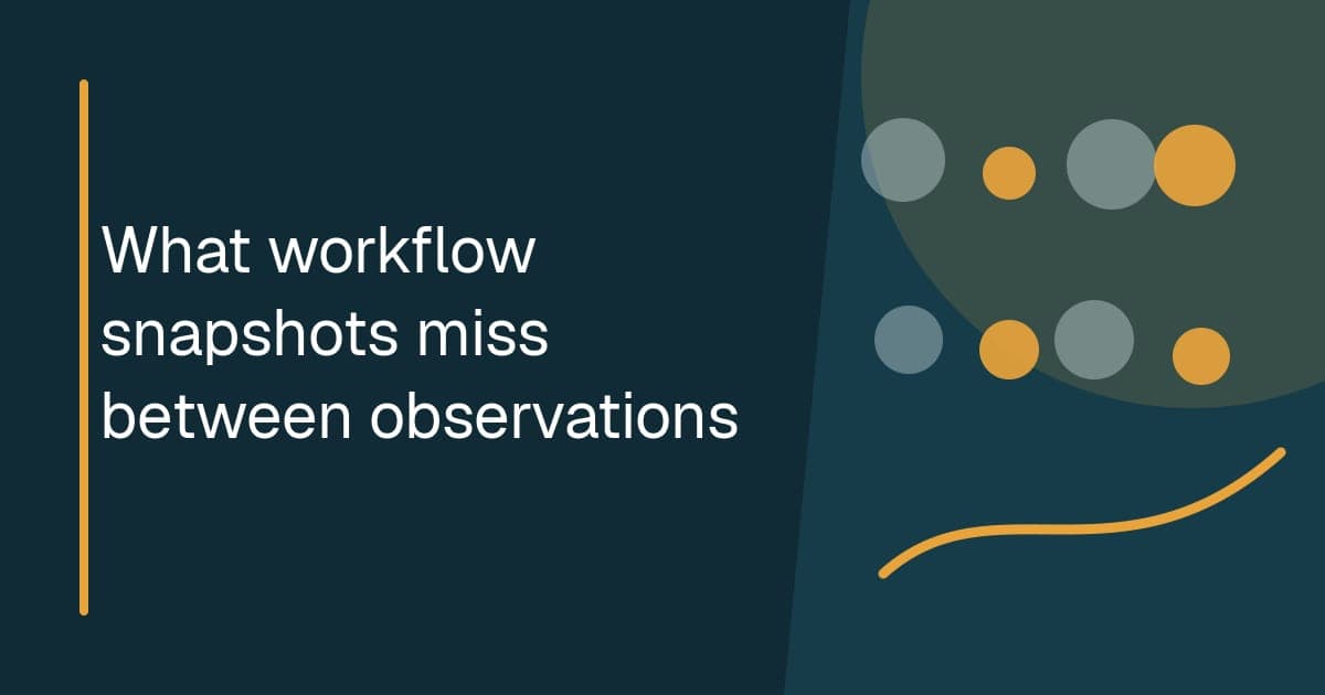 What workflow snapshots miss between observations Branded illustrated title card for “What workflow snapshots miss between observations” in the Research category, showing workflow states appearing between a series of timed snapshots.