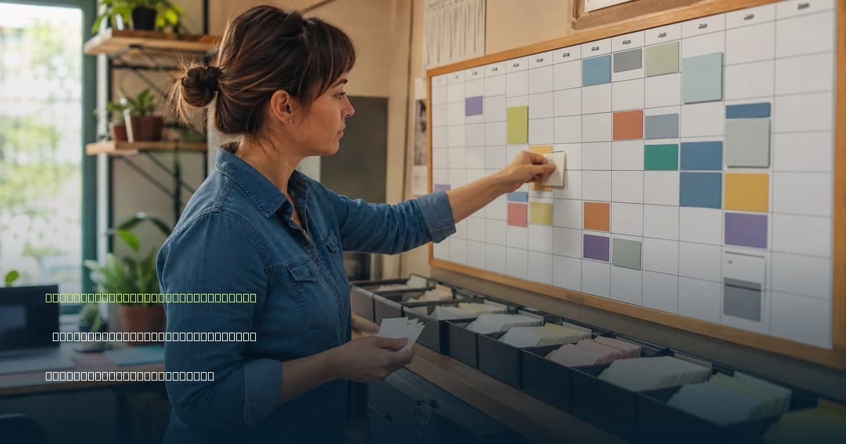 Workload-demand coverage as a capacity planning signal Branded illustrated title card for Workload-demand coverage as a capacity planning signal in the Research category, composited over a real operations workspace photo showing operations coordinator balancing work cards against an abstract weekly capacity board.