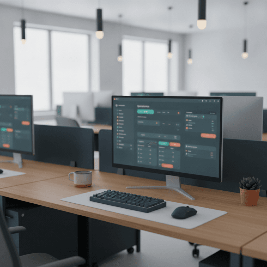 Warm professional co-working space with tidy desks and natural light